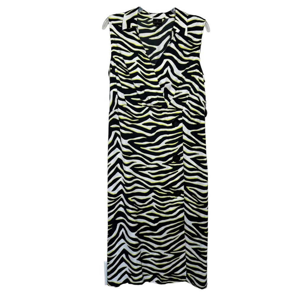 NWT WORTHINGTON Dress, L, Black White Yellow Zebra, Sleeveless Collared Summer